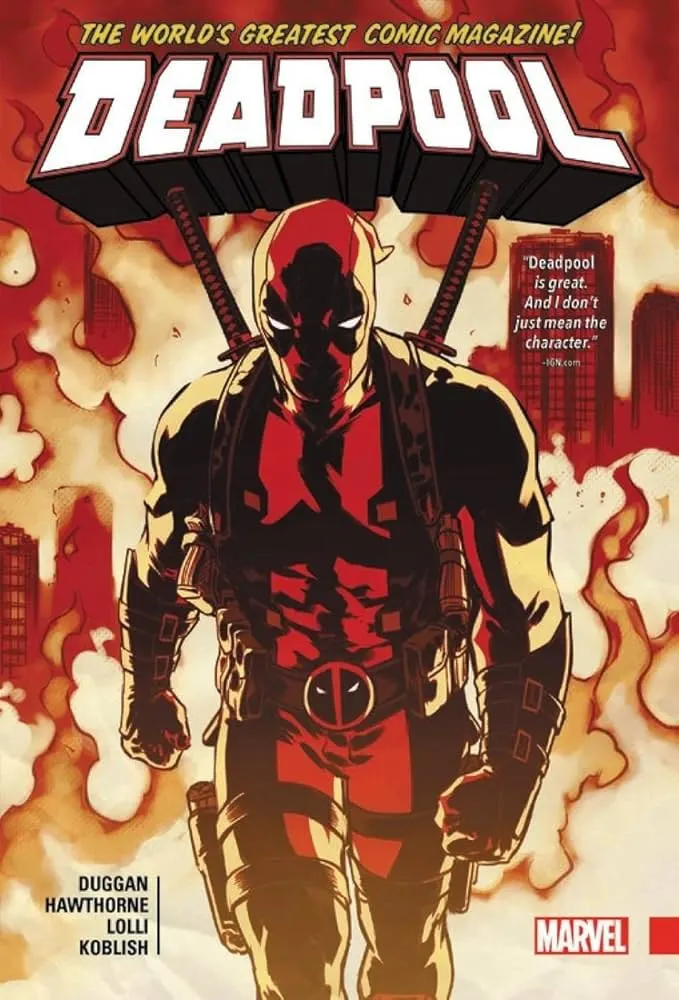 A comic book cover of Deadpool walking through fire