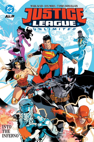 A comic book cover of the Justice League featuring the main cast.