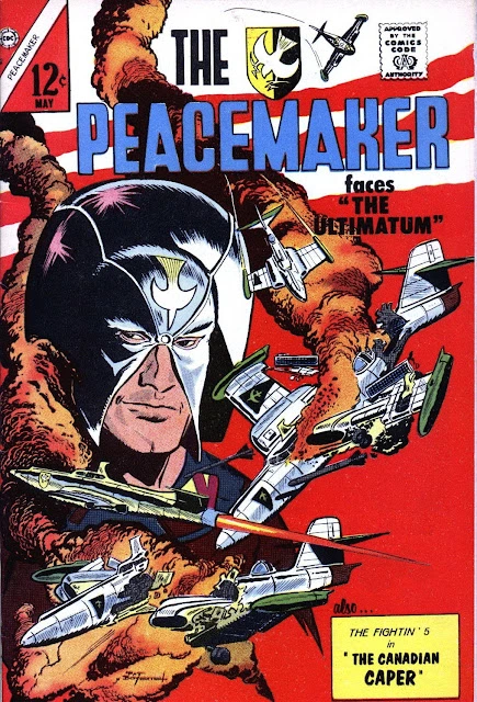 A comic book cover of Peacemaker with crashing military aircraft.