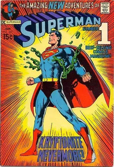 A comic book cover of Superman breaking chains of Kryptonite