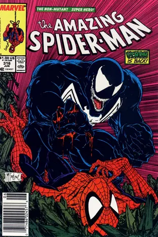 A comic book cover of Spider-Man and Venom