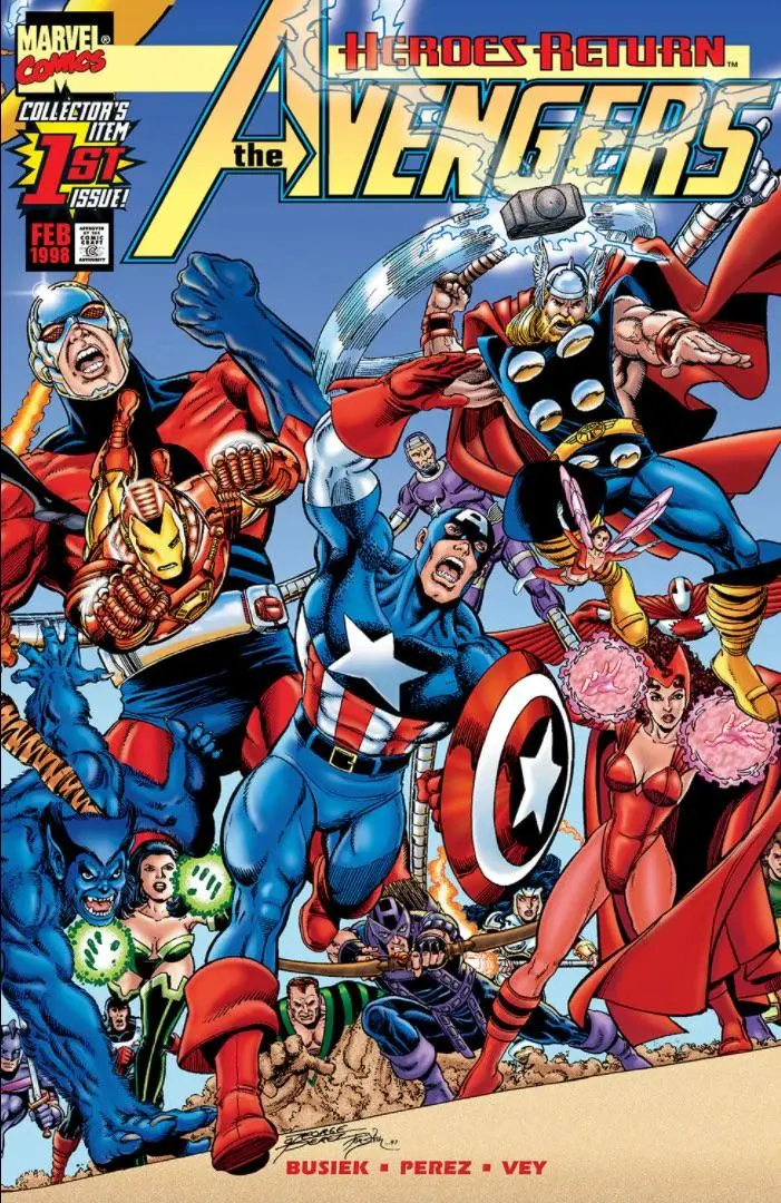 A comic book cover of the Avengers featuring the main cast