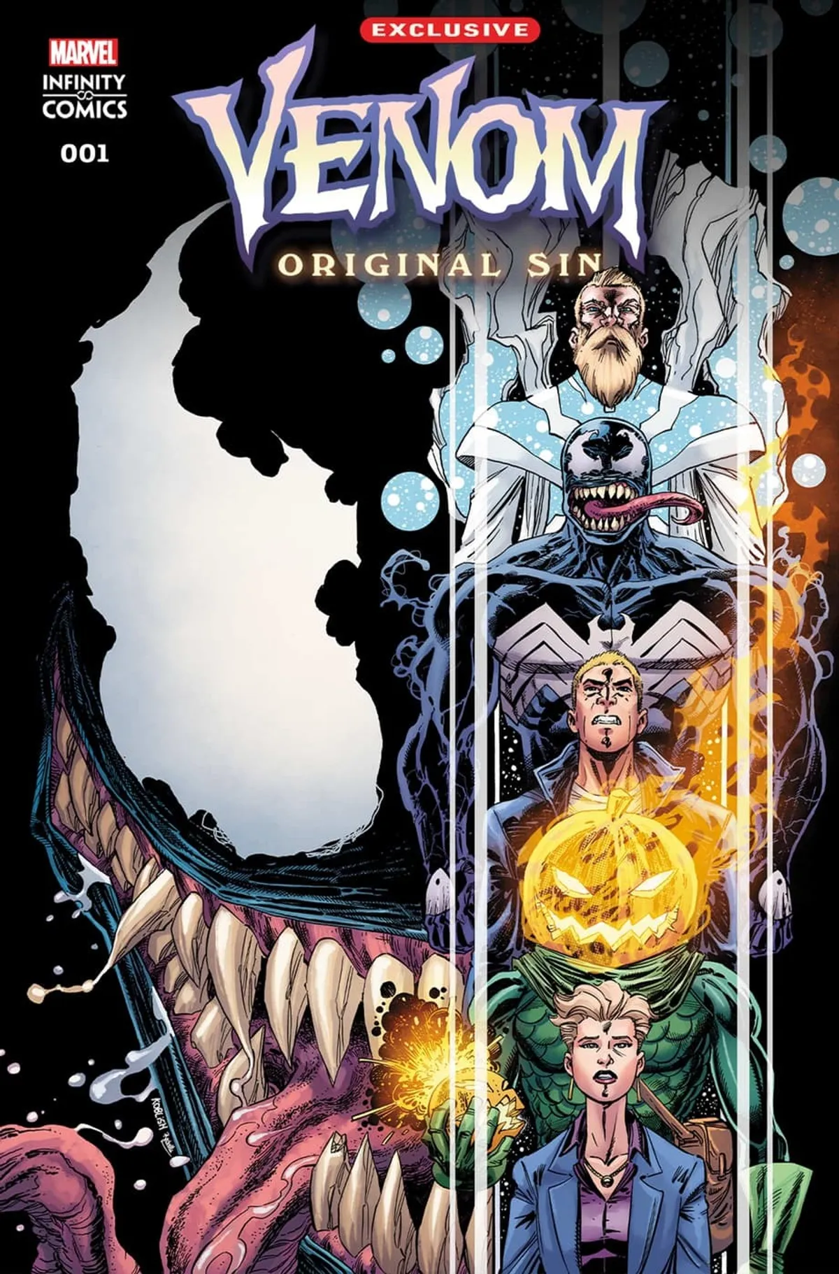 A comic book cover of a close up of Venom's face.